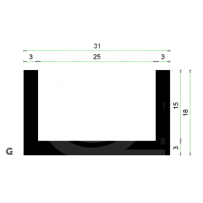 Rubber U Profiel| binnenmaat 25 mm | hoogte 18 mm | dikte 3 mm | Per Meter